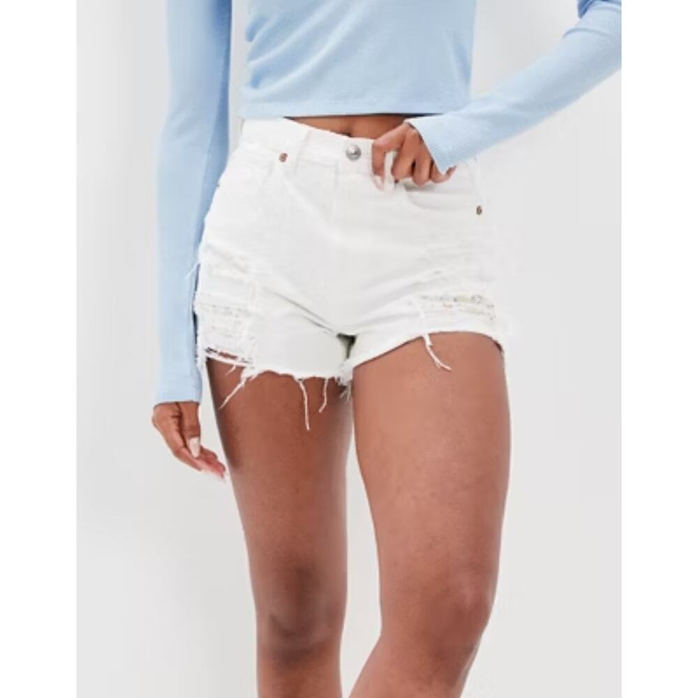 American Eagle Outfitters White Denim Distressed Hi Rise Shortie Raw Hem Size 27
